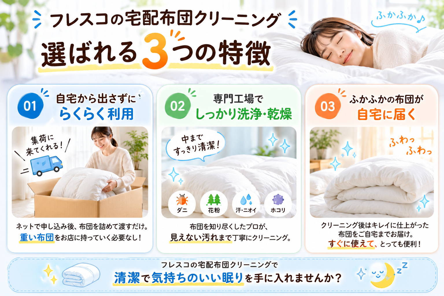 フレスコの宅配布団クリーニングが選ばれる3つの特徴