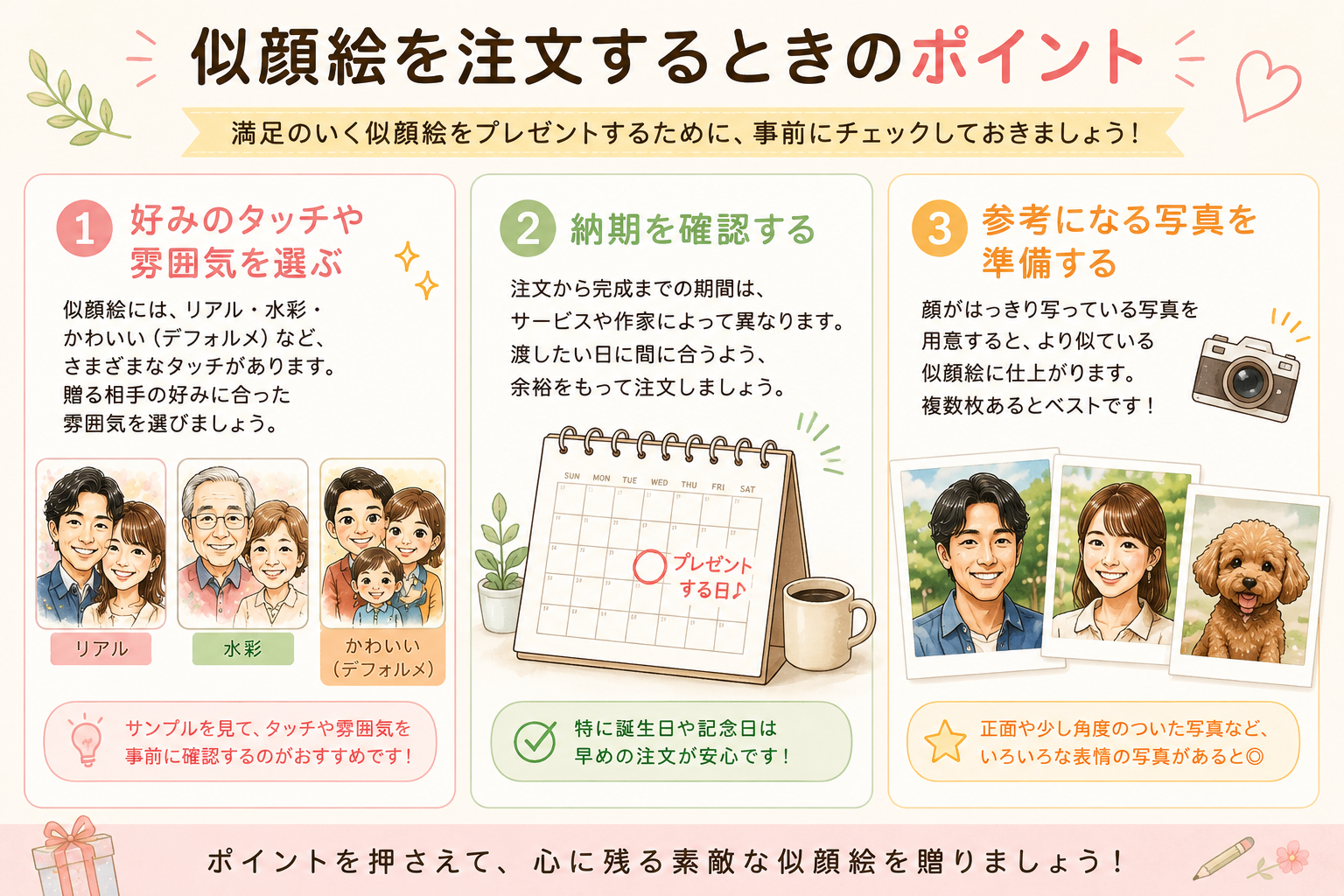 似顔絵を注文するときに確認したいタッチ・納期・写真のポイント
