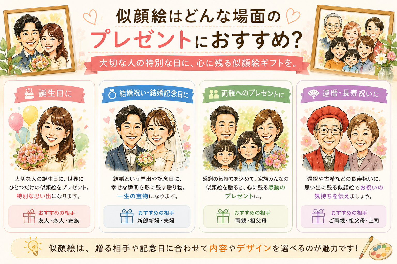 誕生日・結婚祝い・両親への贈り物・還暦祝いなど似顔絵がおすすめのプレゼント場面
